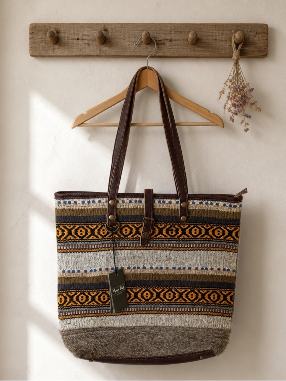 Myra Woven Pattern Tote Bag with Brown Trim